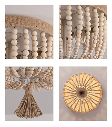AMZASA Boho Flush Mount Ceiling Light Wooden Beaded Hepm Rope Oak Withe Farmhouse Beaded Chandelier Light Fixture 3 Lights for Nursery Bedroom Hallway Entryway - color: Hemp Rope