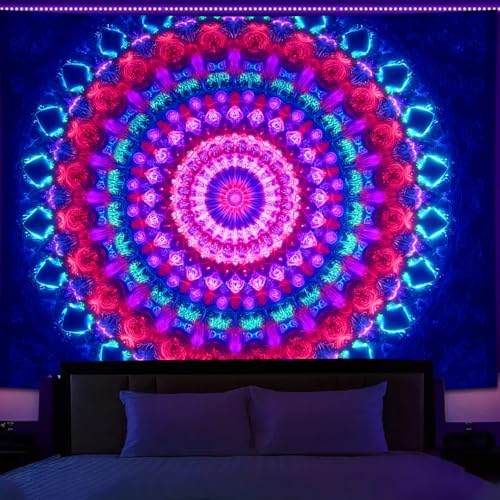 Manicer Blacklight Mandala Tapestry - UV Reactive Glow in the Dark Red Green Purple Bohemian Floral Wall Art Decor for Bedroom Living Room Dorm - 51.2" x 59.1" - color: Green