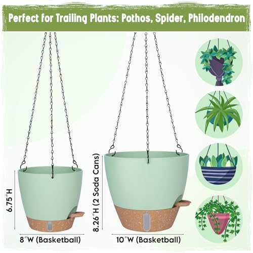 Self-Watering Hanging Planters with Water Level Window, 8/10 Inch Indoor Outdoor Hanging Plant Pots Includes Chain Hangers with Drainage Holes & Detachable Reservoir (Green, 8+10 inch) - color: Green
