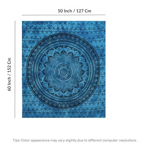 FURNISHFUL FINESSE Hand Block Printed Cotton Mandala Wall Tapestry - Blue Ombre Boho Wall Decor, Bohemian Hippie Room Hanging for Bedroom, Dorm & Living Room Aesthetic- 50X60, Blue - color: Blue, size: 60"L x 50"W