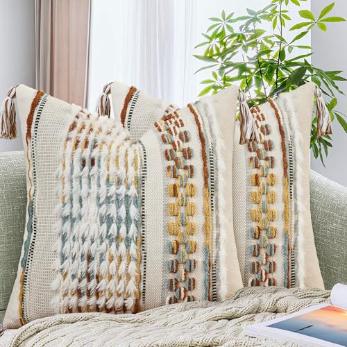 AmHoo Set of 2 Chenille Striped Tufted Textured Boho Throw Pillow Covers Aesthetic with Tassels Woven Decorative Pillow Case for Couch Bed Sofa Bedroom Modern Funky 18 x 18-Inch Brown White - color: Brown White, size: 18" x 18" (Pack of 2)