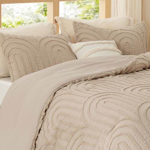 Bedsure Boho Tufted Khaki Comforter Set Queen Size, GentleSoft™ 3 Pieces Boho Farmhouse-Style Decor Bedding, Arch Bedding for All Seasons, 1 Bed Comforter, 2 Pillow Shams, 90x90 Inches - color: 02 - Arch Jacquard Khaki, size: Queen (90" x 90")