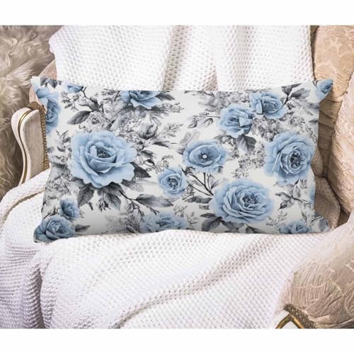 EKOBLA Blue Flowers and Leaves Decorative Throw Pillow Case Watercolor Floral Pattern Ink Painting Waist Lumbar Pillow Covers Cotton Linen Cushion Cover for Sofa Couch 12x20 Inches - color: Multi-bs24, size: 20" x 12" (Pack of 1)