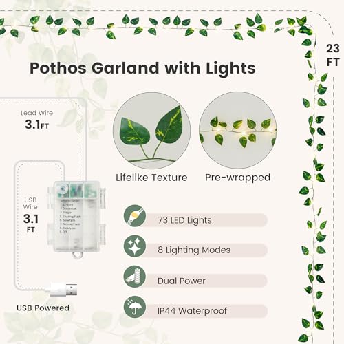Vine Fairy Lights for Bedroom Wall, 23FT 73 LED Vine String Lights, USB/Battery Powered, Faux Pothos Garland with Light for Dorm Room, Wedding, Party & Home Decor, Warm White - color: Pothos, size: 73LED - Battery Powered