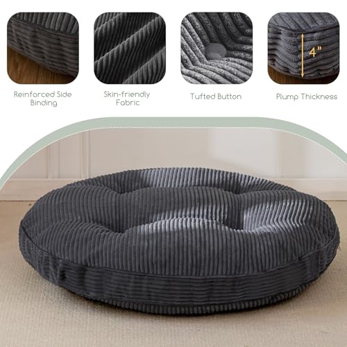 HIGOGOGO 35" Floor Pillow Cushion for Adults, Meditation Cushion Pillow, Extra Large Square Floor Sitting, Tufted Corduroy Cover for Tatami Living Room or Yoga, Dark Grey - color: Dark Grey, size: 4" Thick Round