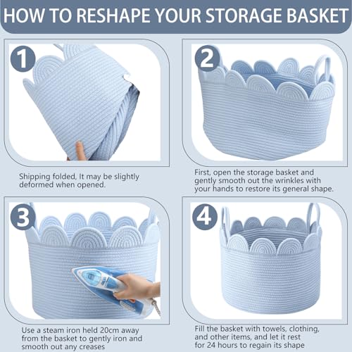 LemonRoad Blue Round Basket Large Blanket Basket 15.8" L X 15.8" W X 13.8" H Scalloped Woven Baskets Cotton Storage Baskets for Nursery Classroom Closet Blankets Storage Home Decor - color: Blue, size: 15.8" L X 15.8" W X13.8" H