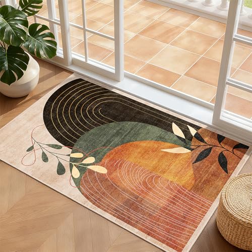 MUJOO 2x3 Washable Rug Small Area Rugs for Entryway Kitchen Bedroom,Boho Non Slip Throw Carpet for Bathroom Entrance Door Mat Mid Century Modern Abstract Botanical Geometric Accent Terracotta - color: Terracotta（modern）, size: 2' x 3' (Rectangular)