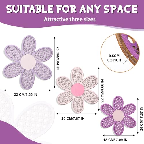 Maitys 3 Pieces Boho Daisy Wall Decor Natural Rattan Flower Wall Hanging Art Wooden Boho Art Nursery Flowers Farmhouse Hanging Decor for Home Office Nursery(Pink, Purple) - color: Pink, Purple
