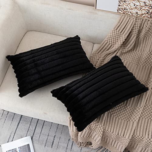 ZLINA Set of 2 Black Faux Fur Decorative Throw Pillow Covers Fluffy Striped Pillowcase Cushion Covers 12 x 20 Inch Decor Sofa Couch Bedroom - color: Black, size: 20" x 12" (Pack of 2)