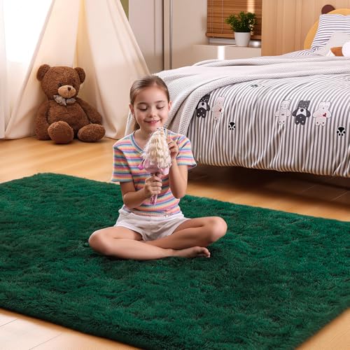 4x6 Dark Green Rugs for Bedroom Living Room, Fluffy Small Area Rug Soft Shag Non-Slip Carpet for Kids Boys and Girls Room Dorm Indoor Home Decor (4ft x 6ft, Dark Green) - color: Dark Green, size: 4' x 6' (Rectangular)