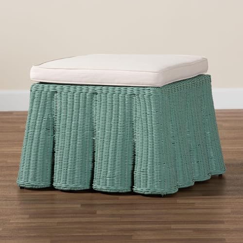 Bali & pari Palm Bohemian Seafoam Green Scallop Rattan Ottoman - color: Seafoam Green