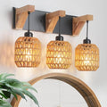 3-Light Bathroom Vanity Light Fixtures, Rustic Style Rattan Bathroom Wall Sconce with Handmade Bamboo Woven Boho Wicker Lampshade, Farmhouse Wooden Bracket, Suit for Stairway Bedroom and Hallway - color: 3-Light