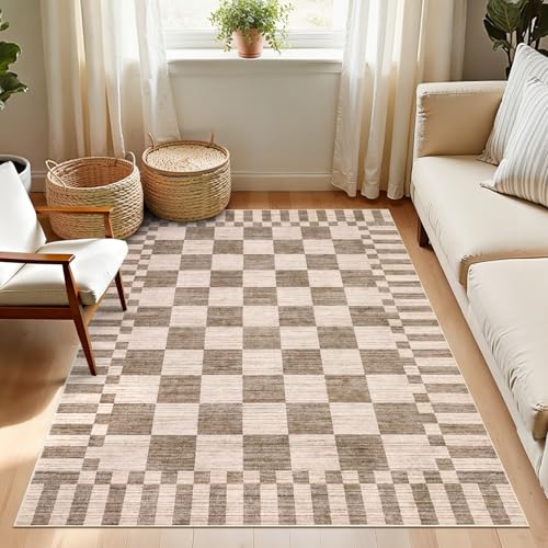 GarveeHome Brown Checkered Rug,Washable 3x5 Rug Geometric Tan Brown Print Non Slip for Entryway,Modern Soft Low-Pile,Neutral Farmhouse Checkerboard Rug,Small Area Rugs for Bedroom Kitchen Dining Room - color: Brown, size: 3' x 5' (Rectangular)