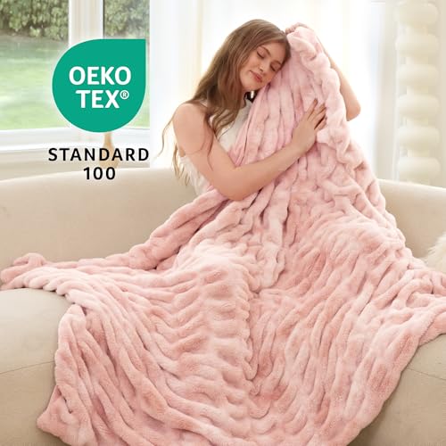 Faux Rabbit Fur Throw Blanket, Ultra Soft Plush Cozy Blanket for Couch Bed, Thick Fluffy Ruched Tie-Dye Decorative Blanket, Giftable,50"x60",Tie-Dye Pink - color: Tie-dye Pink, size: Throw(50"x60")