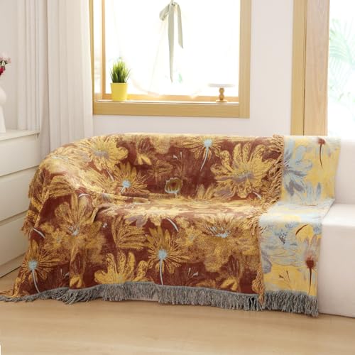 Boho Cotton Throw Blankets for Bed Couch, 100% Soft Cozy Cotton Blanket Rustic Quilt 80"x90",Reversible Muslin Farmhouse Blankets for Armchair,Picnic,Sofa,Couch - color: A-yellow Flowers, size: 80x90 Inch