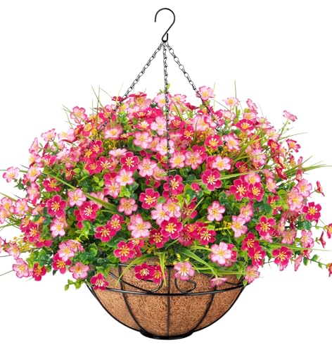 Ouddy Decor Artificial Hanging Flowers with Basket, Faux Silk Flowers in Coconut Lining Basket, Spring Summer Outdoor Decor Fake Hanging Plants for Garden Patio Yard Porch Lawn, Pink - color: Pink
