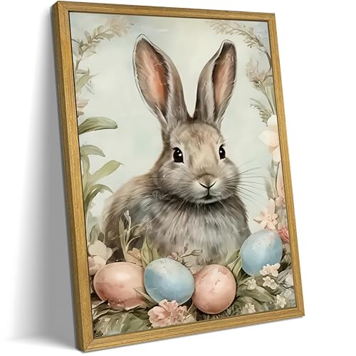 Easter Bunny Wall Art, Vintage Rabbit Canvas Wall Decor, Easter Eggs Poster Print Picture, Spring Farmhouse Animal Painting for Living Room Bedroom Kitchen Holiday Home Decor 8x10 Inch Wood Framed - color: Easter Bunny A, size: 10"L x 8"W