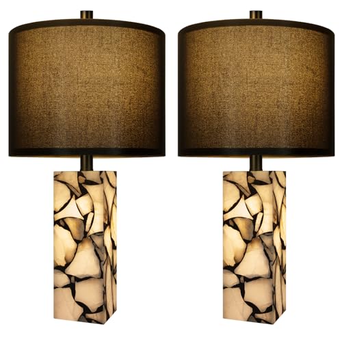 Scenekoy 23" Alabaster Table Lamps Set of 2 with Night Light for Living Room, Rotary Switch, Black Modern Table Lamp with Black Linen Shade, Nightstand Lamp for Bedroom Bedside Office (Bulb Included) - color: Black