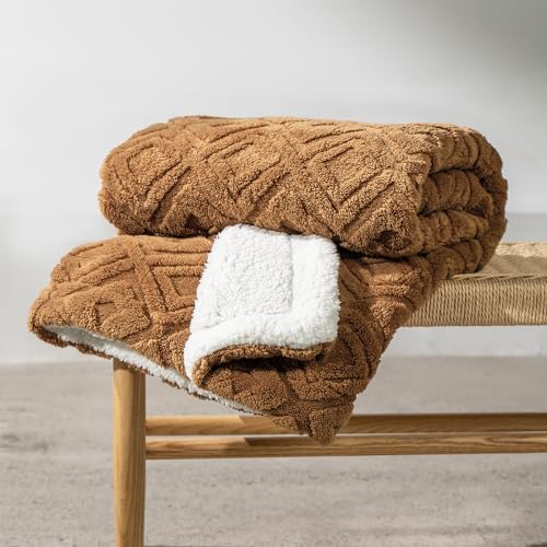 EverGrace Jacquard Boho Sherpa Fleece Throw Blanket for Couch, Super Soft Cozy Fuzzy Plush Blankets for All Seasons, Reversible Thick Warm Blanket for Bed, Sofa, Living Room, Burnt Orange, 50" x 60" - color: Burnt Orange, size: 50x60 Inches