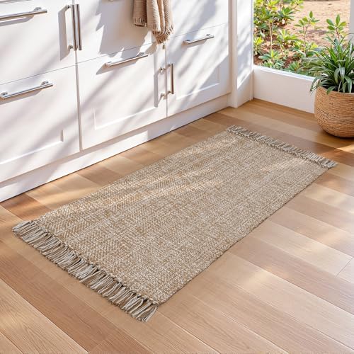 Collive Kitchen Runner Rug, 2' x 4.3' Modern Farmhouse Washable Entryway Door Mat, Tan Bathroom Carpet Hand Woven Reversible Indoor Outddor Rugs for Hallway Foyer Bedroom Decor - color: Tan/Cream, size: 2' x 4.3' (Rectangular)