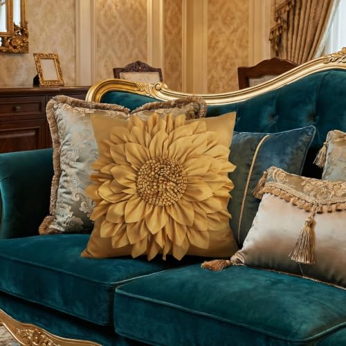 Bella's Giftshop 3D Sunflower Decorative Throw Pillow Covers for Bed Sofa Couch Car, Accent Floral Taffeta Cushion Cover, Handmade Pillow Cases Living Room Decor, 17x17 Inch-Gold - color: Gold