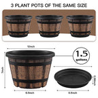 Quarut 3 Pack 10 inch Plant Pots,Whiskey Barrel Planters with Drainage Holes & Saucer, Plastic Decoration Flower Pots Imitation Wine Barrel Design, for Indoor & Outdoor Garden Home Plants (Brown) - size: 10 inches
