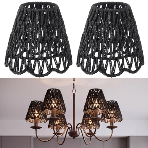 Glooglitter Small Clip-on Chandelier Rattan Lamps Set Shade Scalloped Lampshade 3"top x 6"bottom x 5-1/4"slant Height Empire Lamp Shade Chandelier or Accent Lamp(V Paper Rope,Black,2 Pcs) - color: Black, size: V Paper Rope