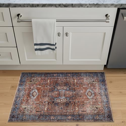 Bloom Rugs Washable Non-Slip 2' x 3' Rug - Terracotta/Blue Traditional Oriental Area Rug for Living Room, Bedroom, Dining Room, and Kitchen - Exact Size: 2' x 3' - color: Terracotta / Blue, size: 2' x 3' (Rectangular)