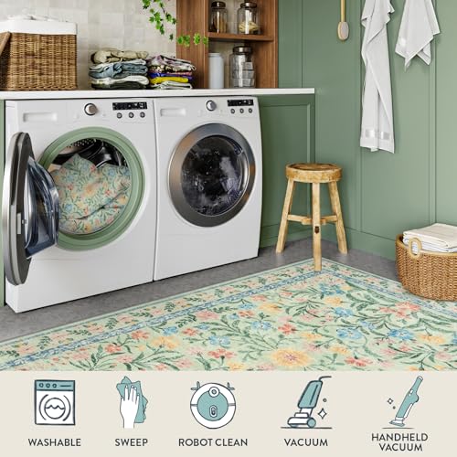 Lahome Sylvie Washable Runner Rug 2x6, Boho Bathroom Rug Runner, Vintage Floral Soft Thin Indoor Throw Carpet for Entryway Bedroom Hallway Bath Laundry Room, Green/Multi - color: Tea Green, size: 2' x 6' (Runner)