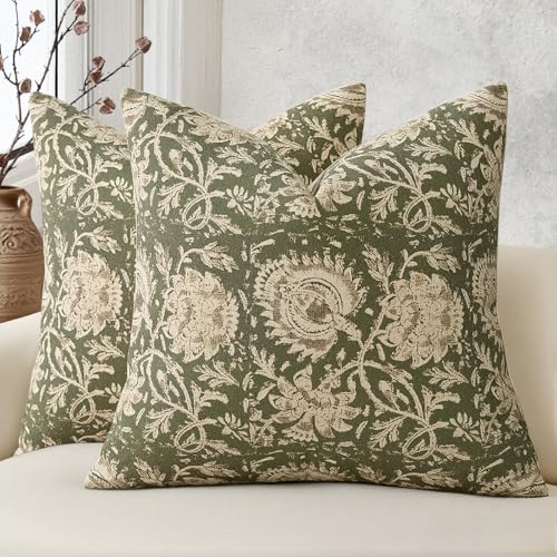 Vintage Floral Print Throw Pillow Covers 26x26 Set of 2 Neutral Modern Farmhouse Accent Decorative Cushion Covers Boho Home Decor for Couch Sofa Chair Bed Living Room, Olive Green - color: Olive Green, size: 26" x 26" (Pack of 2)