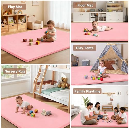 Baby Play Mat for Floor,Ultra Thick Elastic Foam 79"x158" Playmat Tummy Time Muscle Crawling Exercise Activity Cushion Gym Mat Nursery Playroom Area Kids Rug for Babies, Toddlers,Infants,Pink - color: Pink, size: 79"x158"