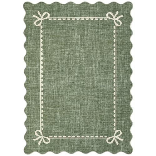 GarveeHome Scalloped Bow Rug for Living Room, Solid Green Rug for Dorm, Washable Rugs 5x7 Soft Low Pile Non Slip Scalloped Rugs for Nursery College Bedroom Decor Kids Room Playroom - color: Green, size: 5' x 7' (Rectangular)
