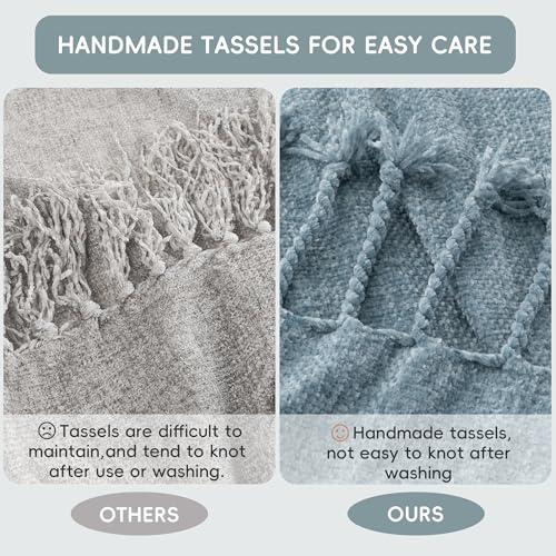 BATTILO HOME Dusty Blue Chenille Throw Blanket for Couch, Soft Cozy Textured Knit Throw Blanket with Handmade Fringe Tassels, Lightweight Decorative Farmhouse Blanket for Sofa Bed Chair, 50"x60" - color: Dusty Blue