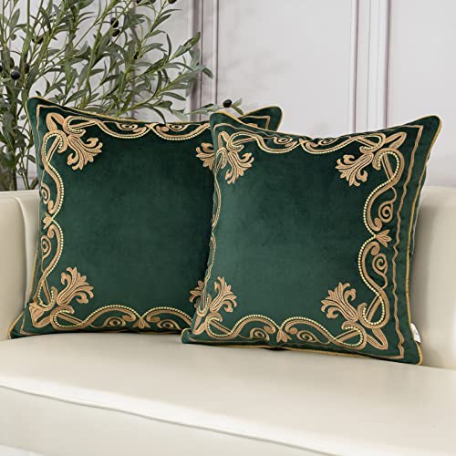 Aeckself European Luxury Velvet Throw Pillow Cover 18 x 18 Inch, Embroidery Floral Pillow Cover Home Decor Pillowcase for Couch Bedroom Living Room, Dark Emerald Green and Gold - color: Green, size: 18" x 18" (Pack of 1)