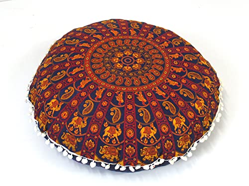 Round Mandala Floor Pillow Cover Seating Cushion Throw Cover Hippie Decorative Bohemian Ottoman Pouf Cover, Pom Pom Pillow Cases,Boho Indian 22 Inches (Orange) - color: Orange