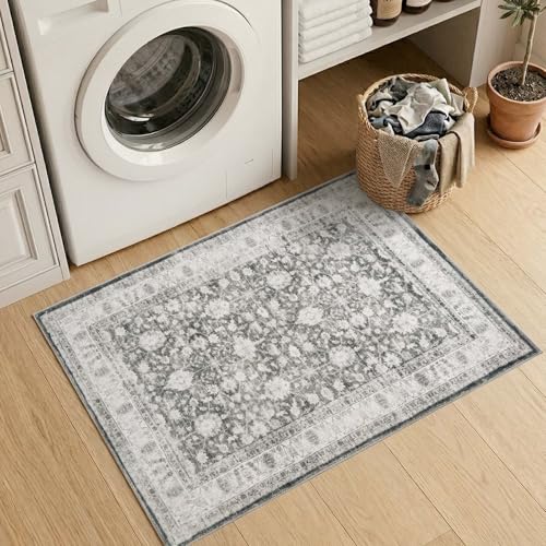jinchan 2x3 Washable Vintage Floral Rug, Distressed Traditional Entryway Rug, Soft Low-Pile Non-Slip Accent Mat for Indoor Foyer, High-Traffic Kitchen Sink Laundry Room, Grey - color: Oriental Grey, size: 2' x 3' (Rectangular)
