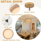 18" Rattan Farmhouse Chandeliers for Dining Room,3-Light Hand-Woven Rattan Chandelier,Fabric Shade Boho Chandelier Pendant Light fixture Drum Chandelier Hanging Lights for Bedroom Kitchen Island - color: 18"-Natural-Chain