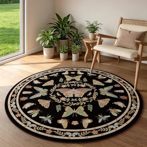 Unirea 4FT Bug Round Black Insect Circle Rug, Washable Non Slip Area Rug for Entryway, Kitchen, Bedroom, Bathroom, Nursery, Living Room, Thin Soft Circular Rugs Indoor Décor, Low Pile Carpet - color: Black, size: 4x4 Feet
