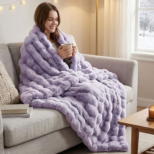 JONIYEAR Extra Large Soft Fuzzy Bubble Faux Rabbit Fur Bed Blanket Full Size 70" x 80", Reversible Aesthetic Thick Warm Fluffy Blanket for Winter, Luxury Cozy Shaggy Plush Furry Blankets, Lilac Purple - color: Lilac Purple - 900gsm, size: Full Size - 70"