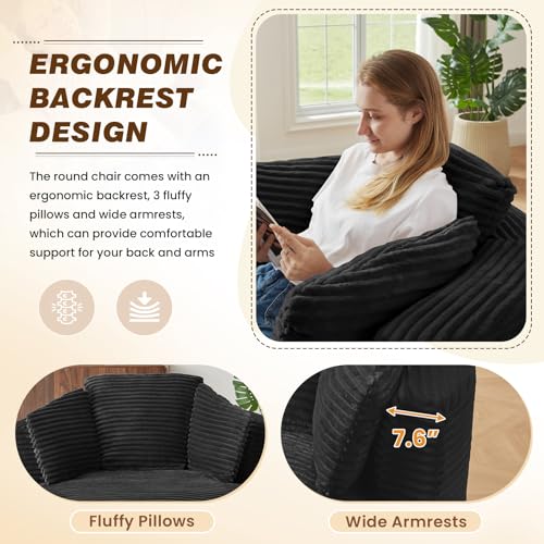 48"W Oversized Round Chaise Longue Chair Indoor,Corduroy Fluffy Comfy Cloud Chair,Circle Bean Bag Sofa with Foam Filling & Pillows,Boneless Reading Cozy Sofa Chairs for Living Room,Bedroom,Black - color: Black