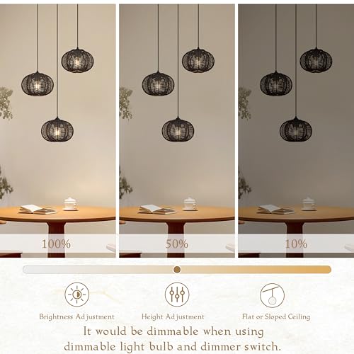 12" Boho Black 3-Light Boho Chandeliers for Kitchen Island Hand-Woven Boho Rattan Chandeliers Dimmable Adjustable Hanging Wicker Chandelier for Dining Room Living Room（Bulb Incl.） - color: 11.8" Black 3-Light