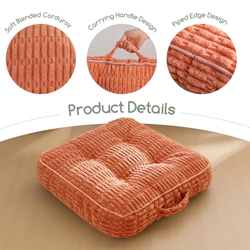 HIGOGOGO Floor Pillow Cushion for Adults, Meditation Cushion Pillow, Blended Corduroy Cover, Large Square Floor Sitting for Tatami Living Room or Yoga, 22x22 Inch, Coral - color: Square Coral, size: 4" Thick(Pack of 1)