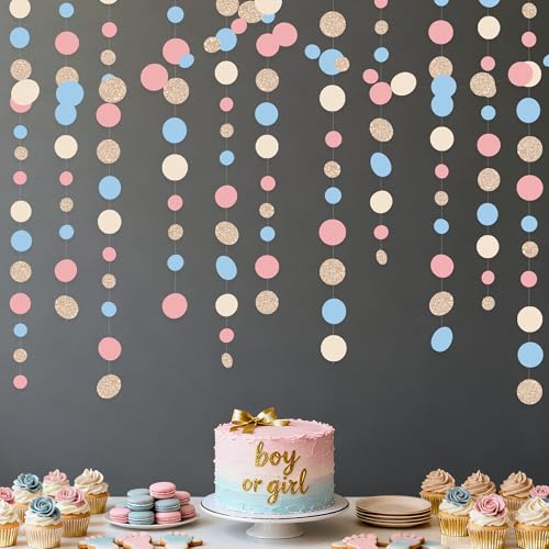 Champagne Gold Dusty Pink Blue Cream Beige Circle Dot Hanging Streamer Polka Dot Garland Banner for Baby Shower Birthday Wedding Bridal Shower Engagement Boho Gender Reveal Party Decorations Supplies - color: Dusty Pink Blue Champagne