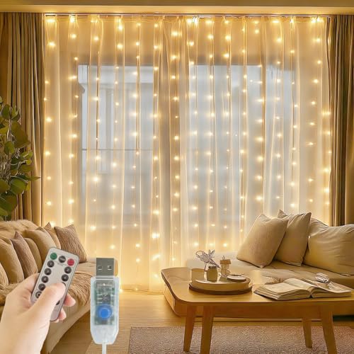 Fairy Curtain Lights, 200 LED Upgraded Tangle-Free Hanging Lights with Remote, USB Plug in String Lights for Bedroom Wall Window Wedding Party Xmas Home Décor - 6.6 x 6.6 Ft, Warm White - color: Warm White, size: 1-Pack - 6.6 Ft (W) x 6.6 Ft (L)