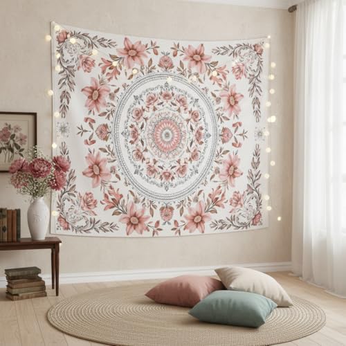 Motanber Pink Floral Tapestry Wall Hanging Boho Mandala Medallion Tapestry Aesthetic Watercolor Flower Cute Small Tapestries for Bedroom Living Room Dorm Decor 60 x 44 Inch - color: Light Pink, size: 60"L x 44"W