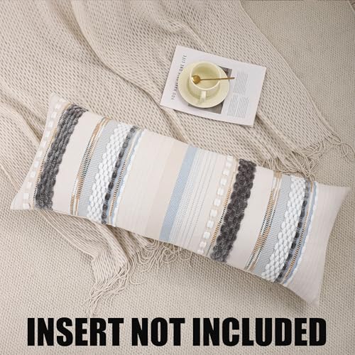 Boho Lumbar Throw Pillow Cover 14x36 Long Body Lumbar Decorative Pillow Case Accent Chenille Striped Pillowcase Farmhouse Cushion Case for Home Decor Grey Blue White (1 Piece) - color: Grey Blue White Stripe, size: 36" x 14" (Pack of 1)