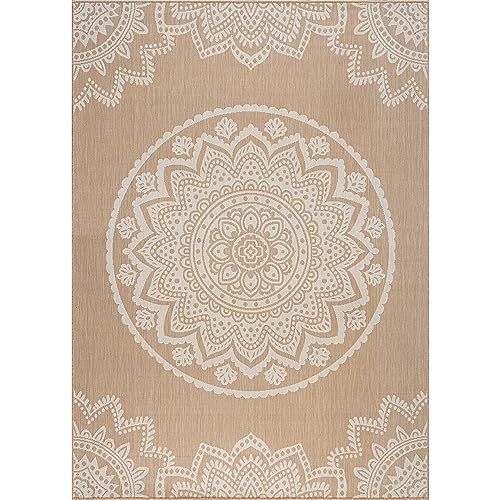 CAMILSON Outdoor Rug 5x7 Modern Area Rugs for Indoor and Outdoor Patios and Porches - Waterproof, Washable, Non-Shedding, Easy-to-Clean Outside Carpet (5 x 7, Medallion - Beige/White) - color: Medallion - Beige / White, size: 5' x 7' (Rectangular)