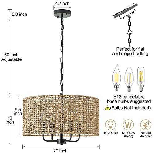 Rattan Wicker Drum Chandeliers for Dining Room, 4-Light Bohemian Hand-Woven Farmhouse Drum Pendant Chandelier Light Fixture for Entryway Living Room Kitchen Stairway Bedroom Hallway - color: Black 4-Light Drum