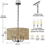 Rattan Wicker Drum Chandeliers for Dining Room, 4-Light Bohemian Hand-Woven Farmhouse Drum Pendant Chandelier Light Fixture for Entryway Living Room Kitchen Stairway Bedroom Hallway - color: Black 4-Light Drum