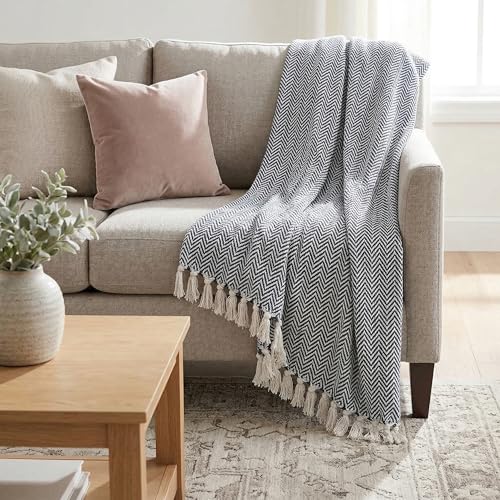 Americanflat 50x60 Throw Blanket - Soft and Breathable Cotton Throw Blanket for Couch, Bed, Chair - Decorative Blankets Perfect for Home or Outdoor Use - Navy Blue and White Herringbone Design - color: Zaina Dark Navy and White Herringbone